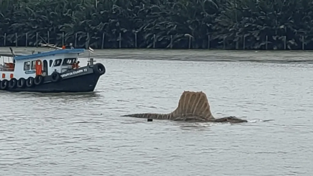Uma imagem mostra uma criatura parecida com um dinossauro, com uma grande barbatana dorsal, nadando em um corpo de água. Um barco a motor de cor escura e branca está visível à esquerda da criatura. Ao fundo, uma margem com vegetação densa pode ser vista.