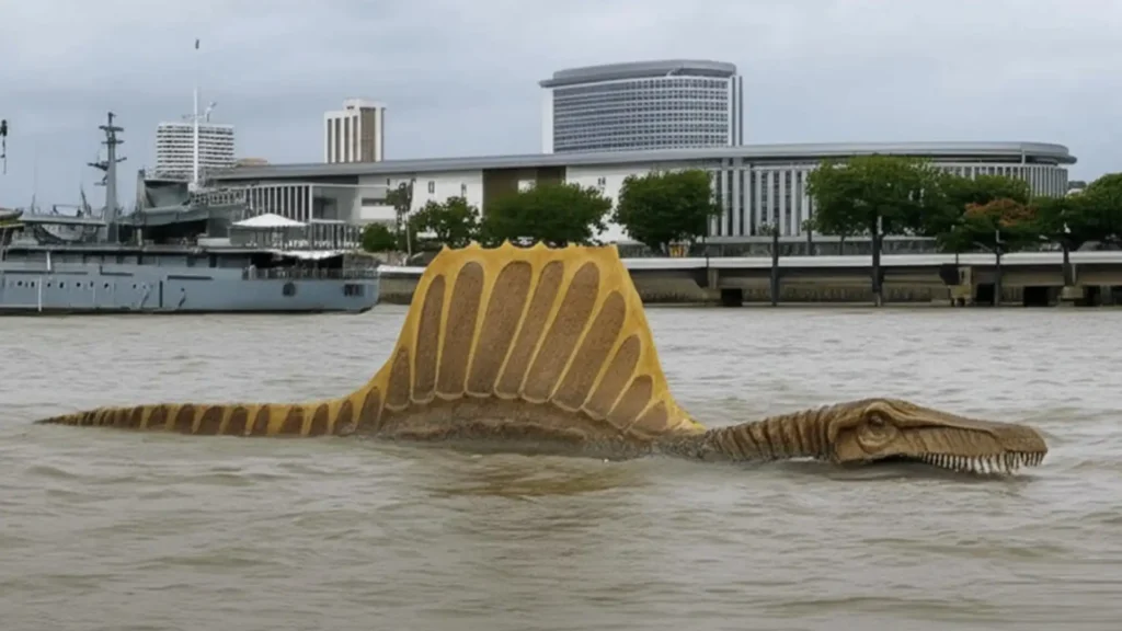 Uma figura realista de um Spinosaurus marrom claro com uma grande vela dorsal listrada de marrom escuro, subindo da água até a parte de trás do pescoço, está nadando em um rio largo e calmo. A cabeça do dinossauro está virada para a direita, revelando dentes afiados. No fundo, há um barco cinza grande, edifícios cinzas e verdes, e a margem de um rio em um dia nublado.
