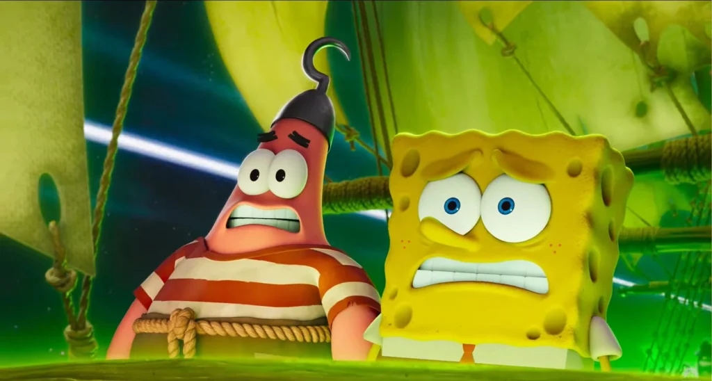 Patrick Estrela com chapéu de pirata e Bob Esponja com expressão de susto em um navio, com fundo verde brilhante.