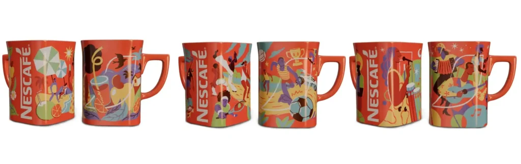 Uma linha de canecas colecionáveis da Nescafé, exibindo seis ângulos diferentes de três canecas. Todas as canecas são de um vibrante tom de laranja-avermelhado e apresentam ilustrações coloridas e estilizadas de temas brasileiros.
A primeira caneca, mostrada de dois ângulos, apresenta imagens relacionadas a atividades ao ar livre e frutas, como um guarda-sol e frutas tropicais. A segunda caneca, também em dois ângulos, exibe cenas de pessoas se divertindo e elementos esportivos, incluindo uma bola de futebol. A terceira caneca, vista de dois ângulos, ilustra músicos tocando instrumentos como acordeão e violão, em um cenário que evoca a cultura musical brasileira.
Todas as canecas possuem a palavra "NESCAFÉ" verticalmente em um dos lados.