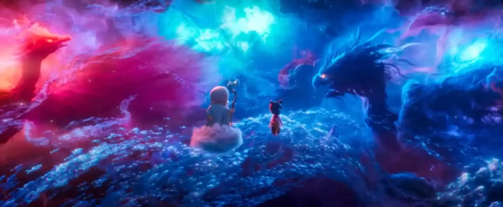 Uma cena vibrante e fantástica de um filme de animação, com dois personagens flutuando em meio a uma nébula cósmica. À esquerda, um dragão vermelho de escamas brilhantes se eleva. À direita, um dragão azul com olhos brilhantes também surge das nuvens. O espaço entre eles é preenchido com tons de roxo, azul e rosa. À frente, um personagem de costas, vestido de branco, flutua em uma nuvem, segurando um cetro. Ao seu lado, um personagem menor, de vestes vermelhas, também flutua, olhando para os dragões. A cena é iluminada por tons de azul e ciano, criando uma atmosfera mágica e épica.