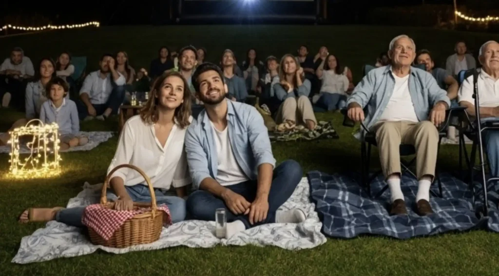 Pessoas assistindo um filme ao ar livre em São Paulo