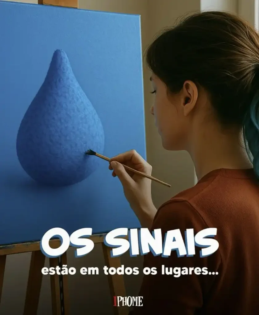 Uma mulher pinta um coxinha azul vibrante em uma tela azul claro, com a legenda "OS SINAIS estão em todos os lugares..." e o logotipo da PHOME.