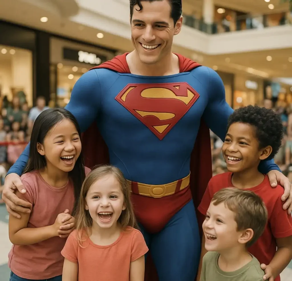 Um homem vestido de Superman, com um sorriso largo, abraça quatro crianças de diferentes etnias em um shopping. As crianças também sorriem e parecem felizes ao lado do super-herói. O fundo borrado sugere um ambiente de shopping movimentado.