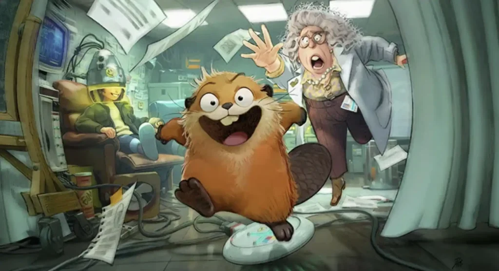 Uma imagem vibrante e cômica mostra uma figura de desenho animado de um castor grande e sorridente correndo para fora do que parece ser um laboratório bagunçado. Ele está em primeiro plano, com os braços abertos e uma expressão alegre. Atrás dele, uma cientista mais velha, com cabelos grisalhos crespos e óculos, persegue-o com uma expressão de choque e as mãos estendidas. Ao fundo, um jovem com um capacete peculiar está sentado em uma cadeira, aparentemente inconsciente do caos. O laboratório está cheio de papéis voando, fios emaranhados e equipamentos de alta tecnologia, adicionando à atmosfera caótica, porém divertida.