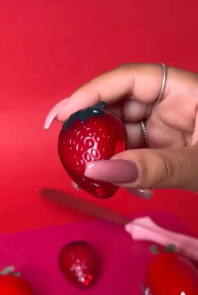 Uma mão segura um item de maquiagem em formato de morango vermelho-translúcido sobre um fundo vermelho vibrante. O morango tem um tom escuro na parte superior, imitando o caule. A mão tem unhas longas e bem cuidadas, pintadas em um tom nude rosado, e um anel prateado no dedo anelar. Abaixo do morango que está sendo segurado, há um ou dois outros itens de maquiagem semelhantes e um acessório cor-de-rosa, possivelmente uma pequena espátula ou aplicador, parcialmente visível. A iluminação é suave, destacando o brilho do item de maquiagem.