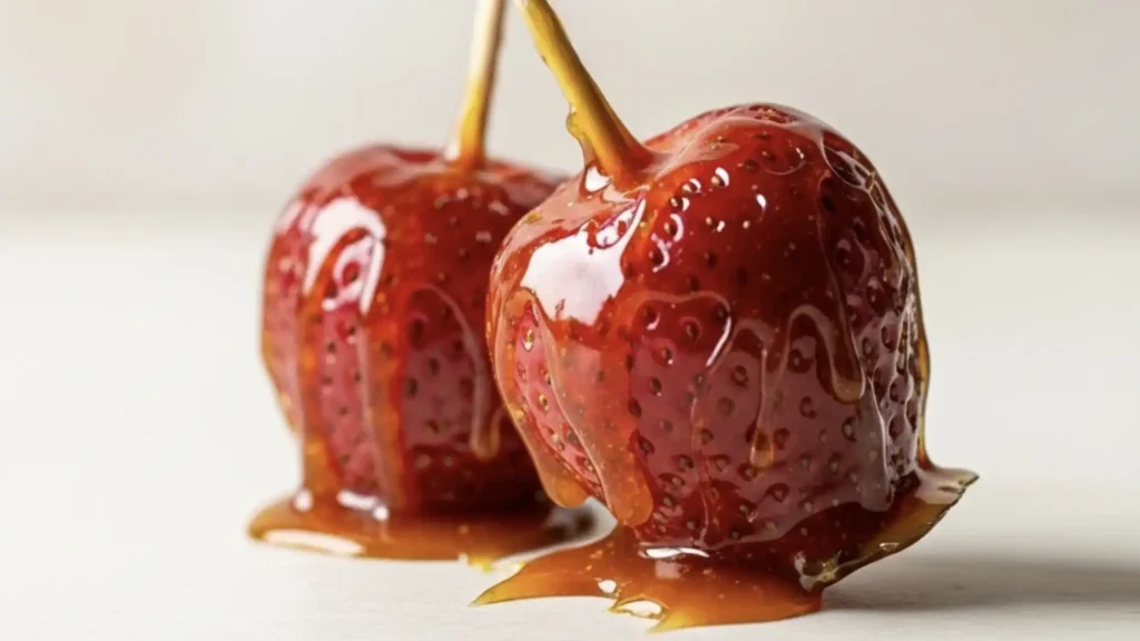 Uma imagem em close-up de dois morangos vermelhos cobertos com uma calda caramelizada brilhante, escorrendo e formando pequenas poças na superfície branca. Cada morango está espetado em um palito fino (parcialmente visível). A iluminação suave destaca o brilho da calda e a textura dos morangos.