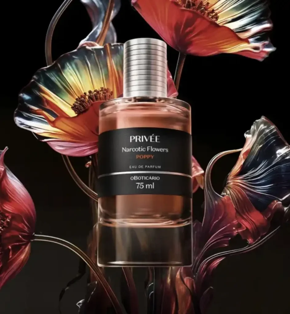 Uma garrafa de perfume "PRIVÉE Narcotic Flowers Poppy Eau de Parfum" de O Boticário, com 75 ml, é exibida em um fundo escuro com grandes flores abstratas e translúcidas em tons de vermelho, laranja e azul. A garrafa de perfume é de vidro com um líquido de cor âmbar e tem um rótulo preto com texto branco e prateado.