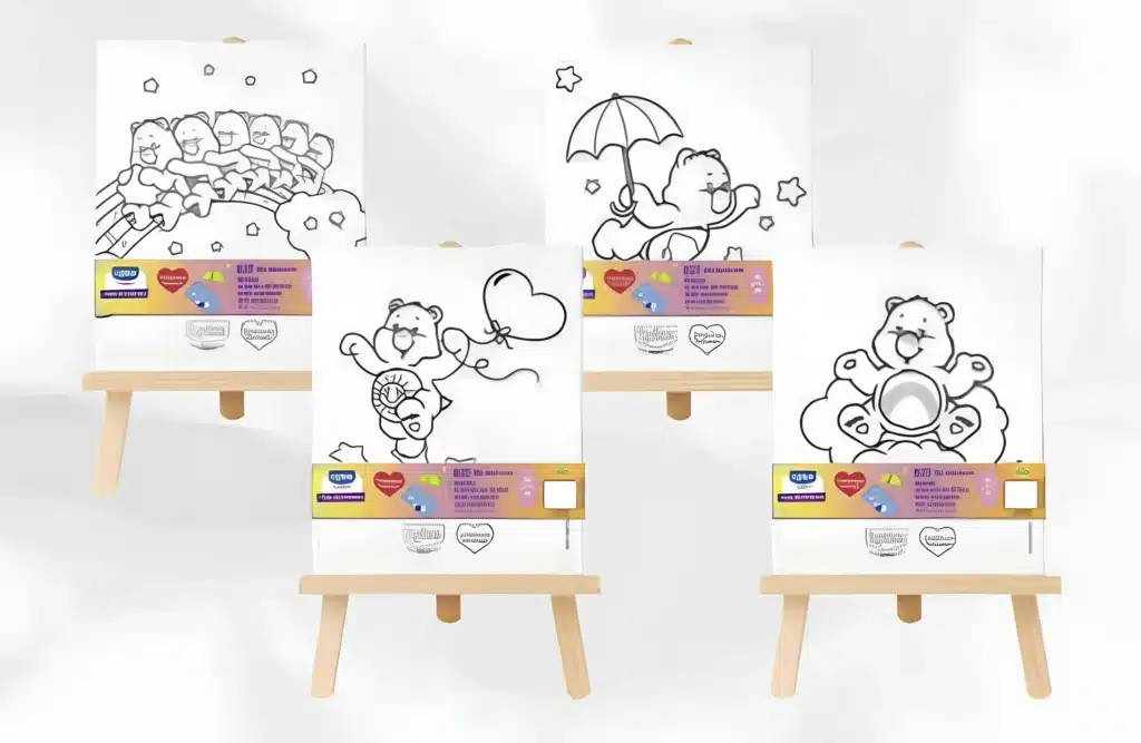 Uma imagem mostra quatro cavaletes de madeira clara, cada um segurando uma tela branca com um desenho diferente dos Ursinhos Carinhosos para colorir.