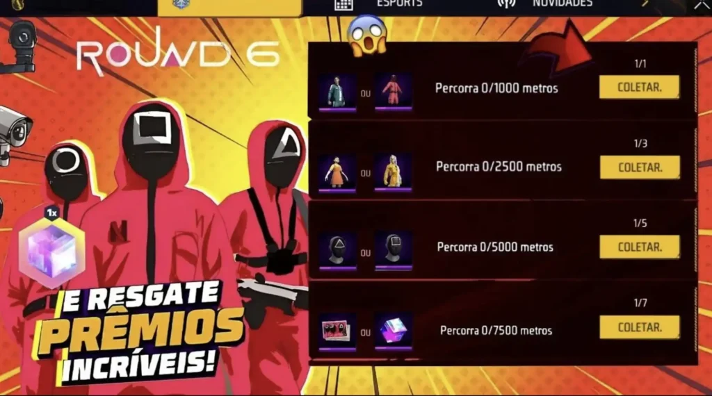 Um banner do jogo Free Fire com o texto "Round 6" em destaque no canto superior esquerdo e "IE RESGATE PRÊMIOS INCRÍVEIS!" na parte inferior. O banner apresenta três personagens usando macacões vermelhos e máscaras pretas, semelhantes aos trajes da série "Round 6" (Squid Game), com uma câmera de segurança no canto superior esquerdo. À direita, há uma lista de objetivos de jogo com os títulos "Percorra 0/1000 metros", "Percorra 0/2500 metros", "Percorra 0/5000 metros" e "Percorra 0/7500 metros", cada um com um botão "COLETAR" ao lado. Prêmios como skins de personagens e caixas de itens são exibidos ao lado de cada objetivo.