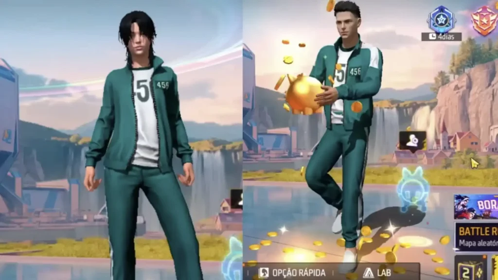 Na imagem da direita, um personagem masculino, também usando o uniforme 456, está posando enquanto moedas douradas caem ao seu redor e ele segura um objeto esférico dourado, que pode ser um cofrinho. O cenário é semelhante ao da esquerda, com montanhas, quedas d'água e uma cidade ao fundo. A interface do jogo é visível na parte inferior da imagem, com opções como "OPÇÃO RÁPIDA" e "LAB", e alguns ícones na parte superior direita, incluindo a indicação de "4 Dias".