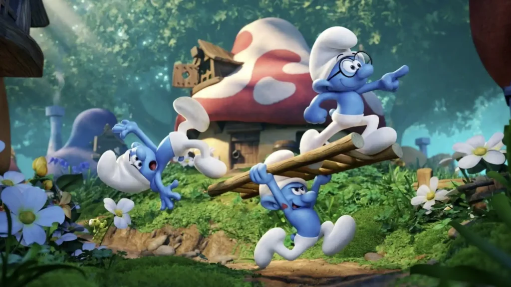 Três Smurfs correndo por uma floresta, com uma casa de cogumelo ao fundo. Um Smurf com óculos aponta para a direita, enquanto os outros dois Smurfs carregam uma escada de madeira. Um dos Smurfs que carrega a escada parece estar prestes a tropeçar.