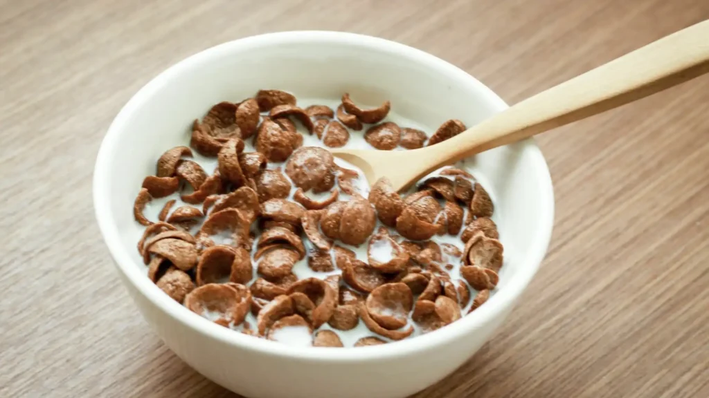 Uma tigela branca cheia de cereal achocolatado crocante em formato de concha e leite, com uma colher de pau inserida no cereal, tudo sobre uma superfície de madeira.