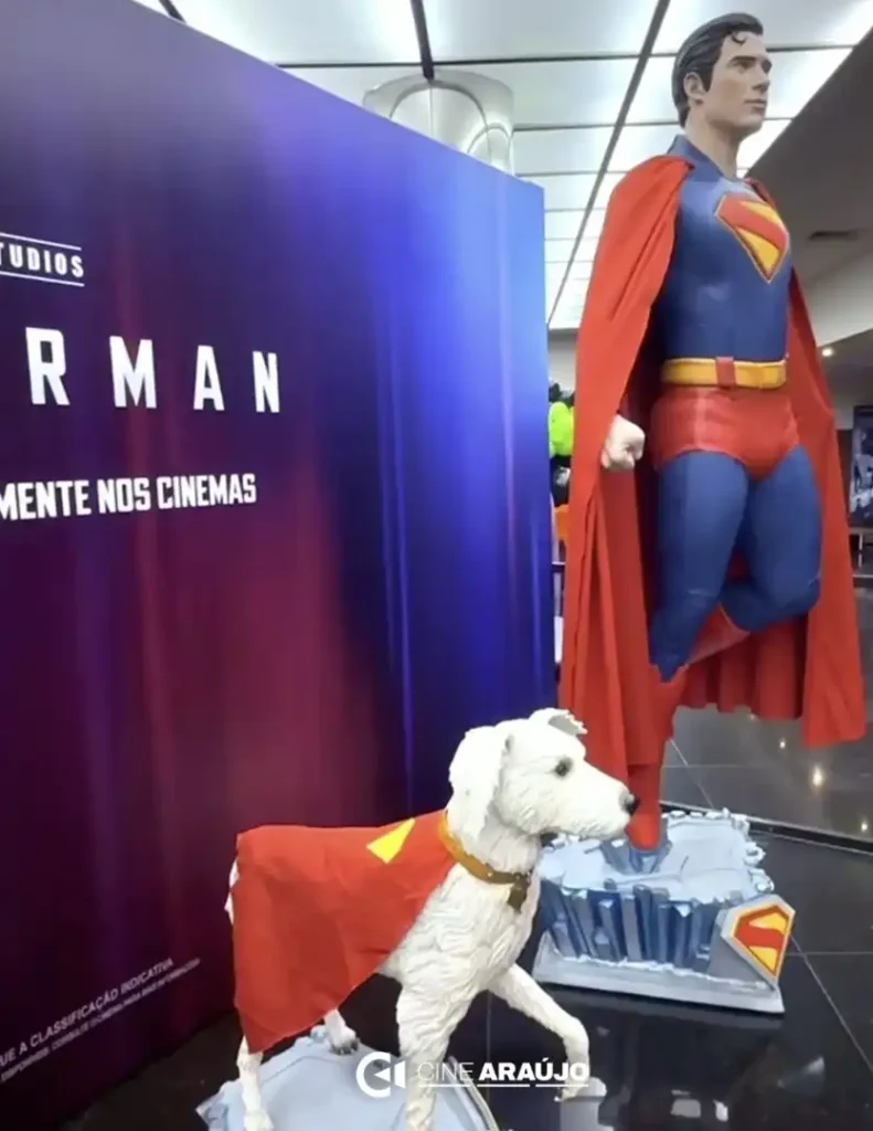 Um cachorro branco pequeno veste uma capa vermelha similar à do Superman e está posicionado na frente de um banner promocional roxo e azul que anuncia "SUPERMAN" e "SOMENTE NOS CINEMAS". À direita, há uma estátua em tamanho real do Superman em seu traje clássico, com capa esvoaçante.