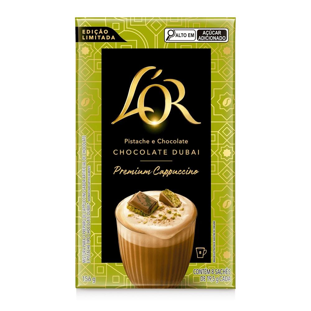 Caixa do L'OR Pistache e Chocolate Dubai Premium Cappuccino, edição limitada.