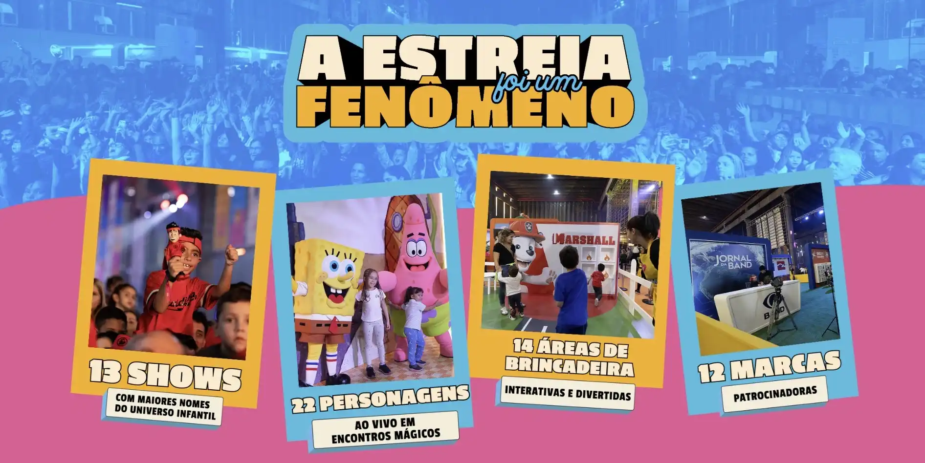 Imagem de um banner de festival com as fotos de várias atividades, incluindo shows, personagens e estandes de marcas.