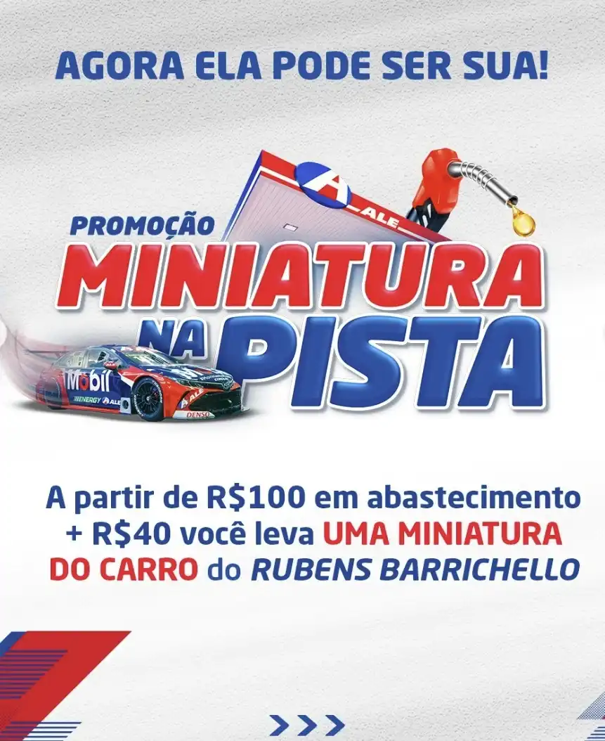 Banner promocional da campanha "Miniatura na Pista" da ALE, oferecendo uma miniatura do carro do Rubens Barrichello.