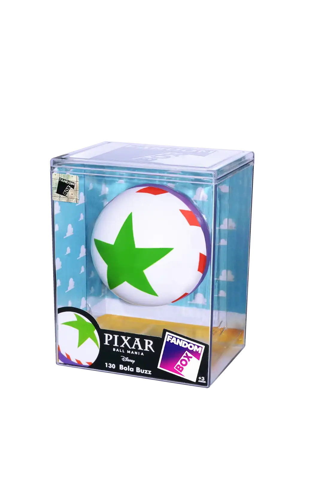 Bola branca com estrela verde e listras vermelhas e roxas, embalada em uma caixa transparente com tema de nuvens, rotulada "Pixar Ball Mania" e "Fandom Box".