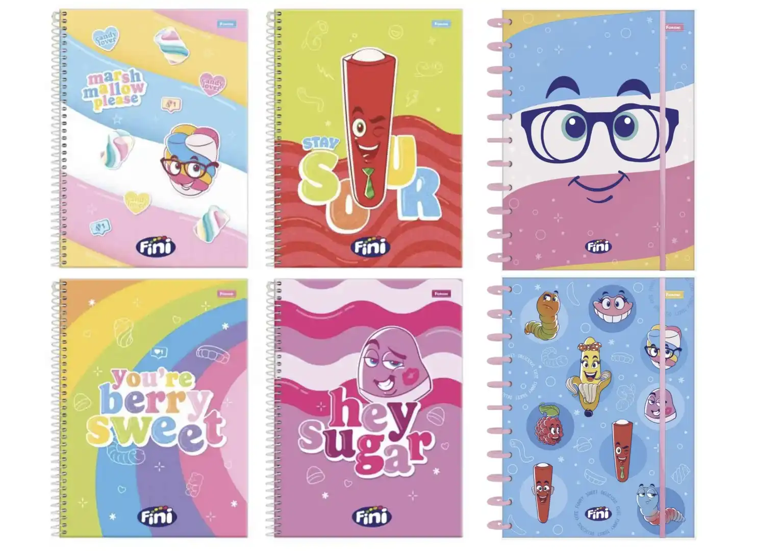 Seis cadernos Fini com designs variados, cada um apresentando personagens e frases inspiradas nos doces da marca.