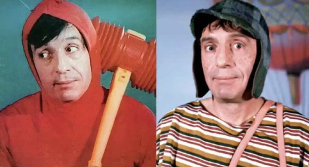 Uma imagem dividida verticalmente mostra dois personagens icônicos criados por Roberto Gómez Bolaños. À esquerda, está o Chapolin Colorado, vestindo seu traje vermelho com capuz e segurando sua marreta biônica. À direita, está o Chaves, com sua característica camiseta listrada e boné de pano. Ambos os personagens são interpretados pelo próprio Chespirito.