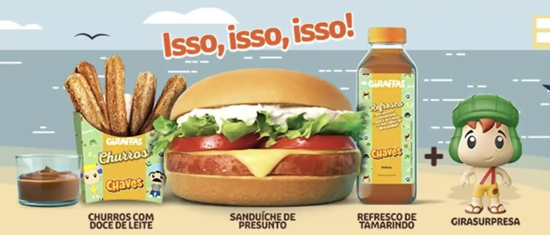 Uma imagem de um combo de fast-food com hambúrguer, churros, refrigerante e um brinquedo do personagem Chaves.