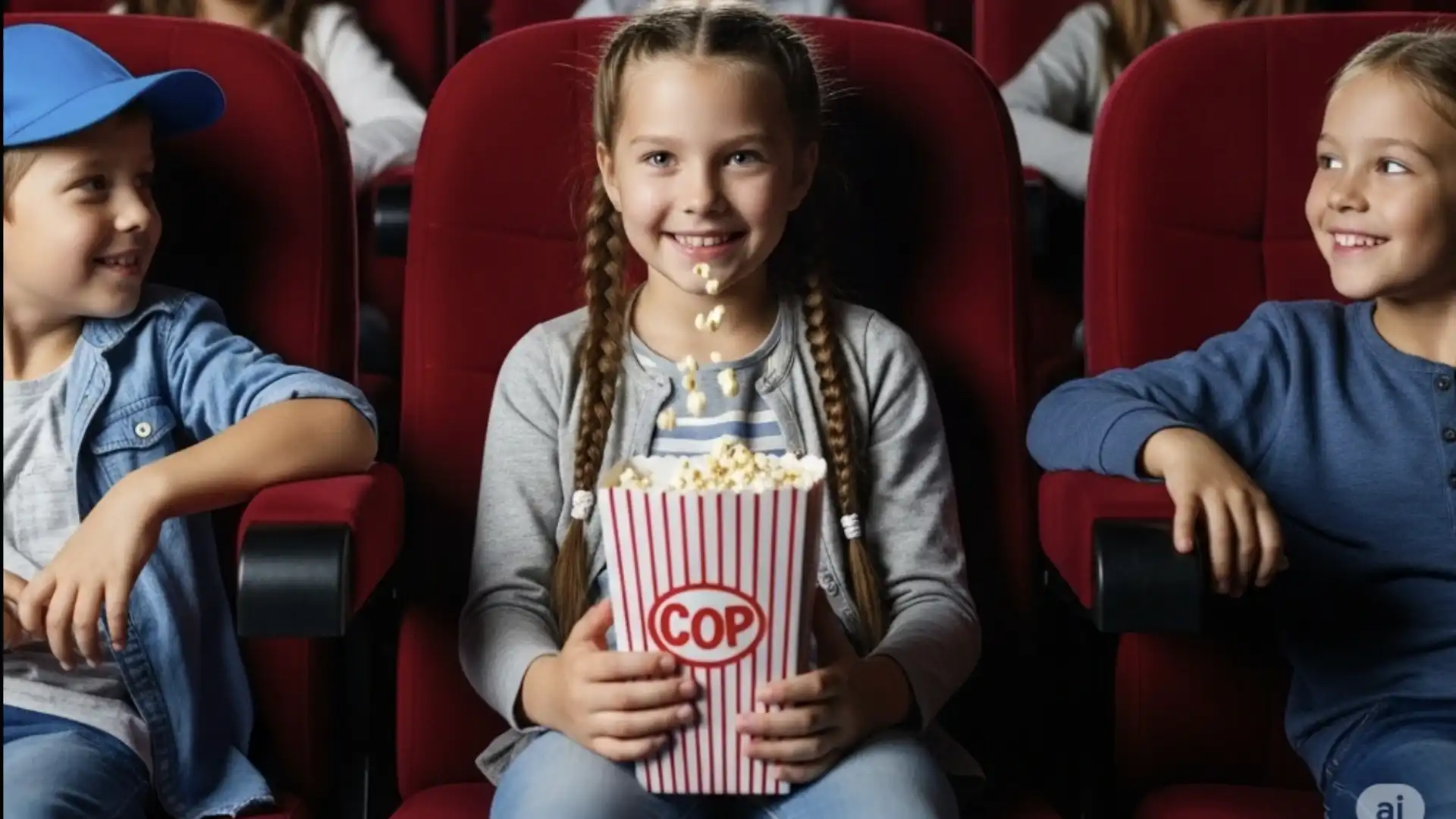Três crianças rindo e comendo pipoca em um cinema.