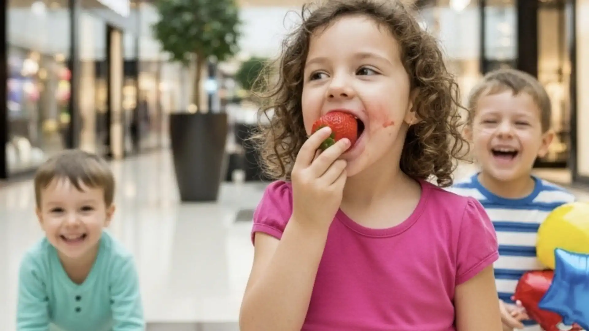 Três crianças felizes a brincar num centro comercial. Uma menina no centro está a comer um morango, enquanto dois meninos estão a brincar ao lado dela, um num carrinho de brincar e o outro com balões.
