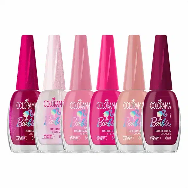 Seis frascos de esmalte da coleção Colorama Barbie alinhados, mostrando as diferentes cores e nomes de cada esmalte.