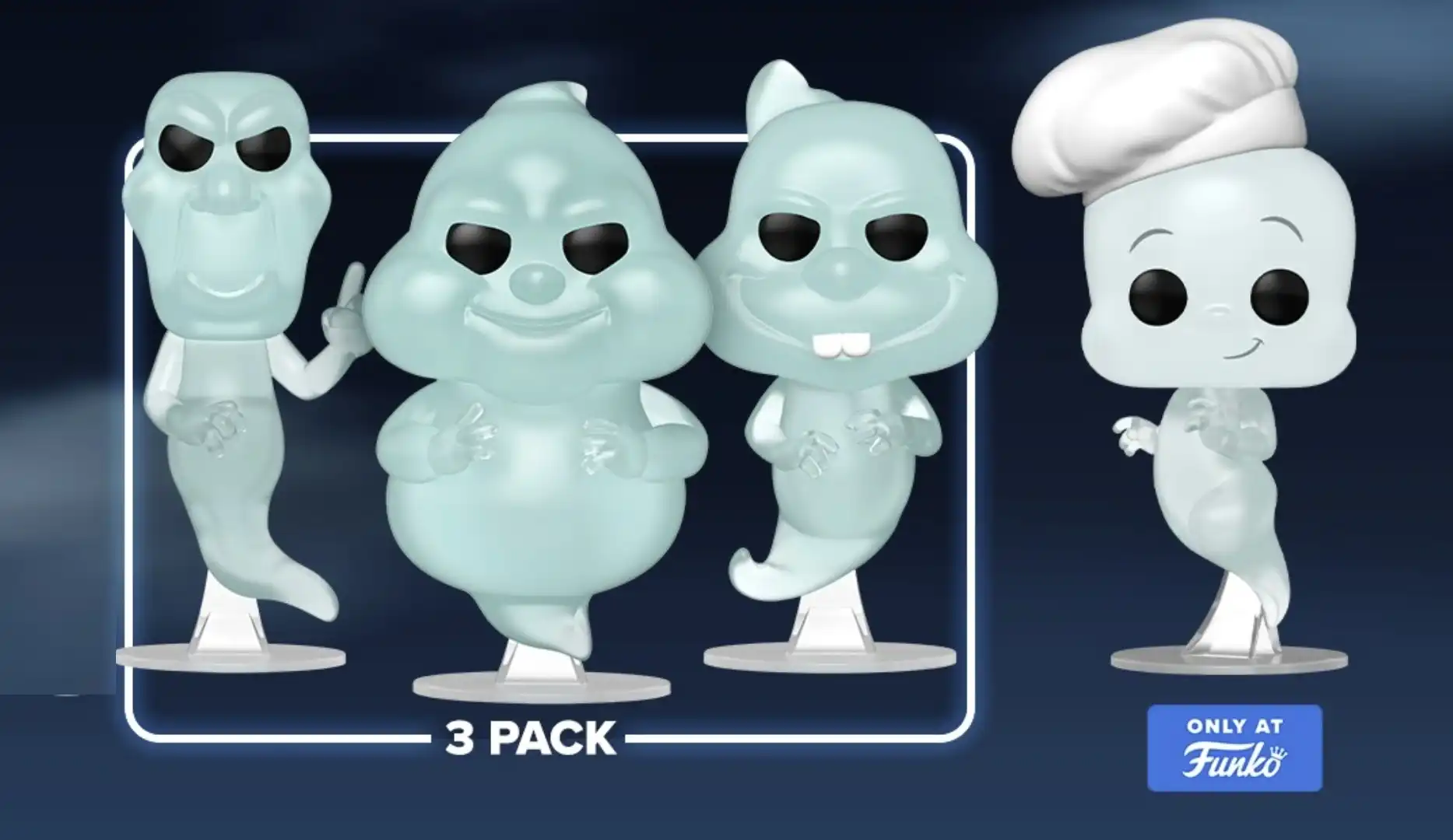 Quatro Funko Pops translúcidos e azulados de fantasmas, sendo um trio e um fantasma individual.