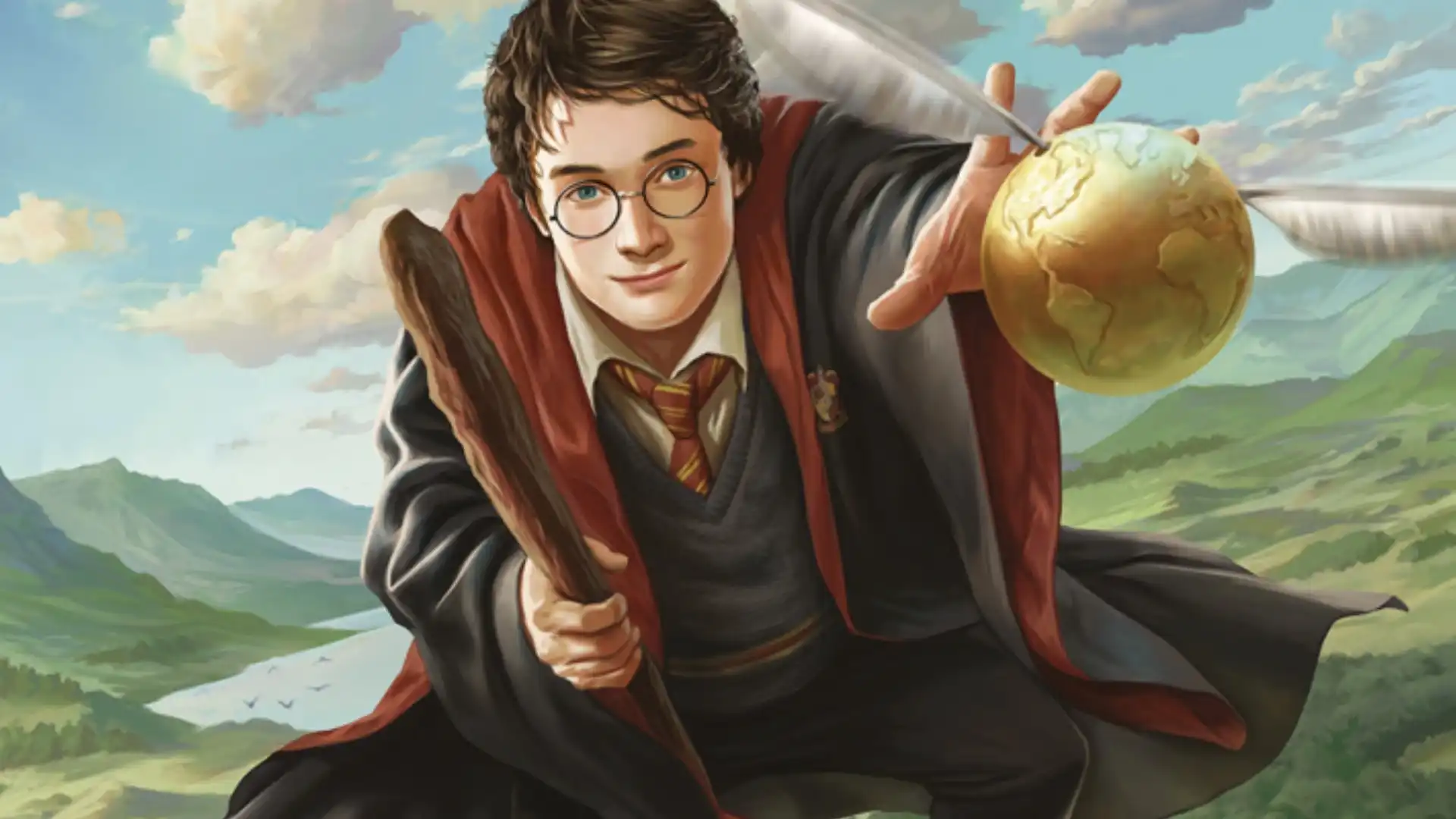 Uma pintura digital de Harry Potter voando em uma vassoura.