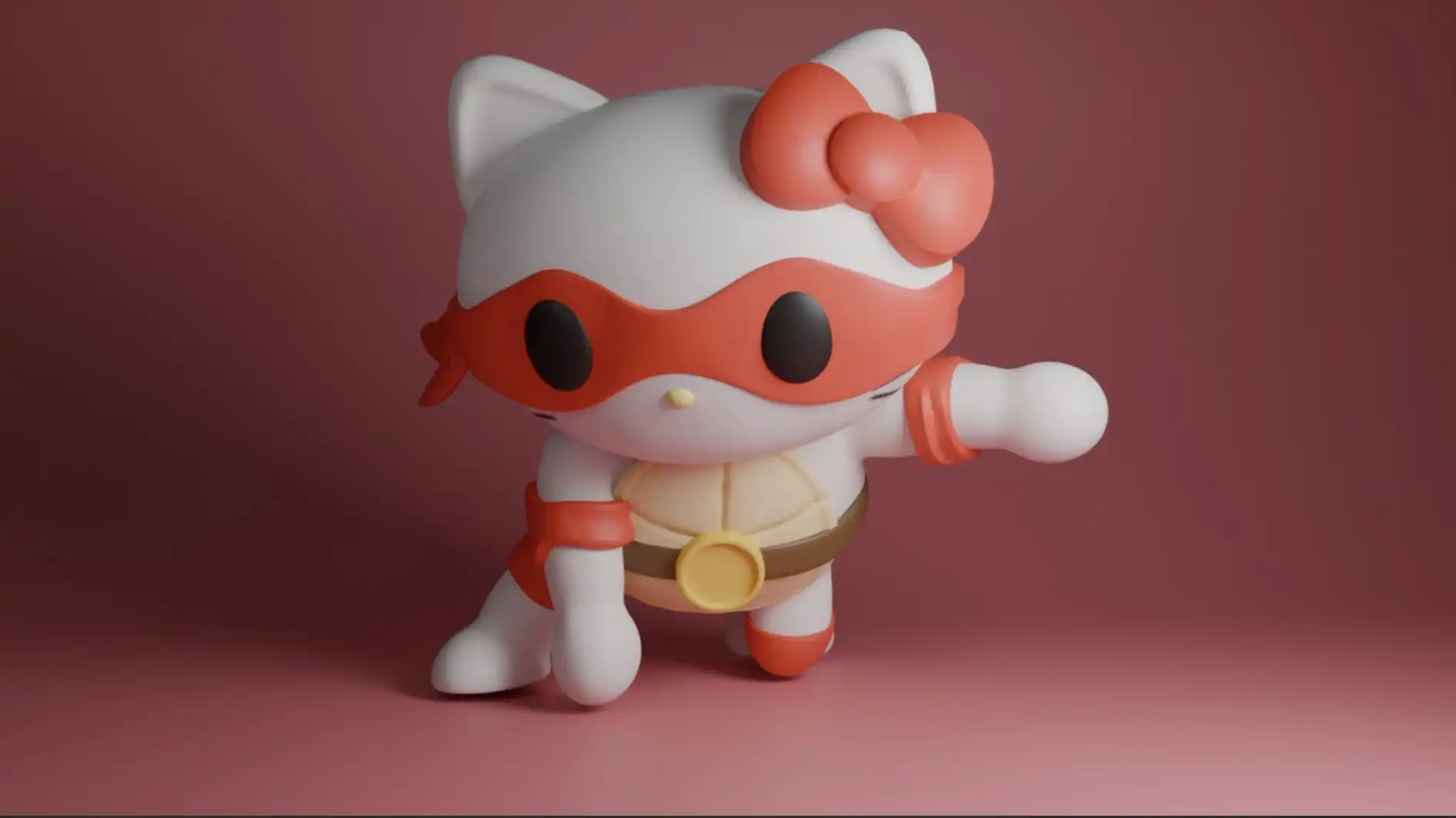 Uma representação 3D de Hello Kitty vestida como uma Tartaruga Ninja, com máscara e faixas vermelhas e um casco de tartaruga.