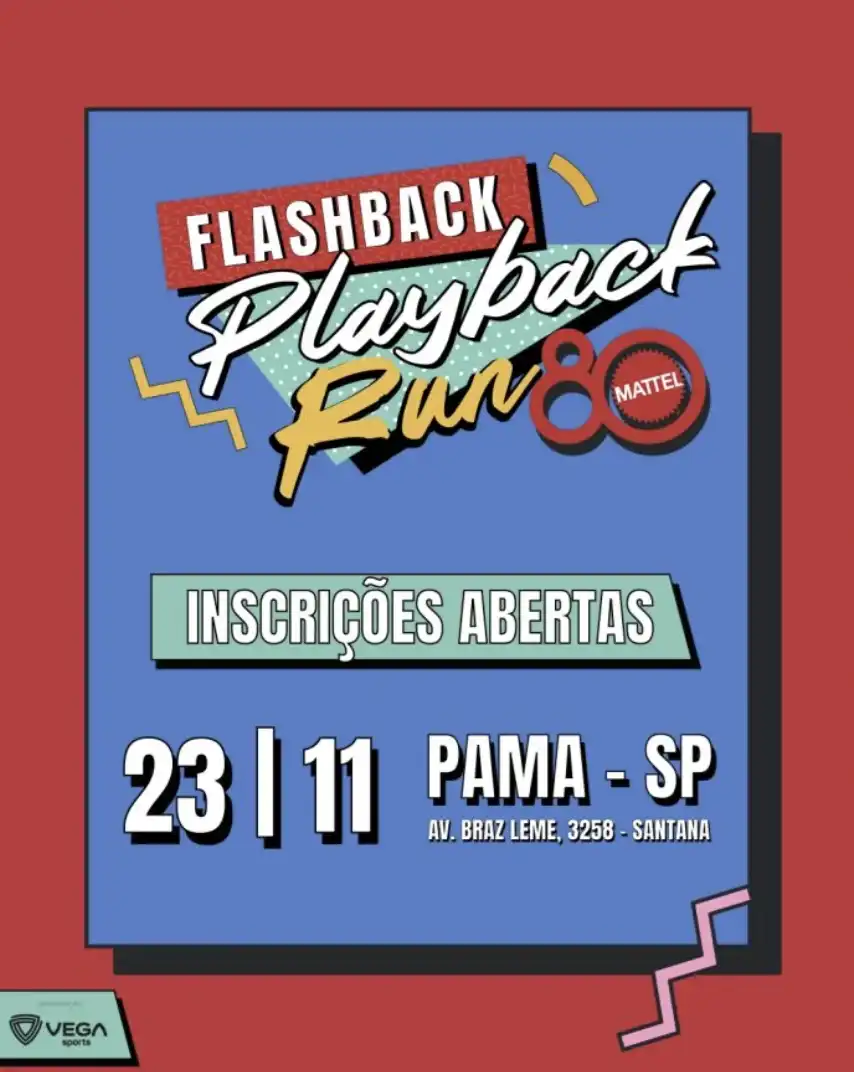 Anúncio vertical da "Flashback Playback Run Mattel" com a data e o local do evento.