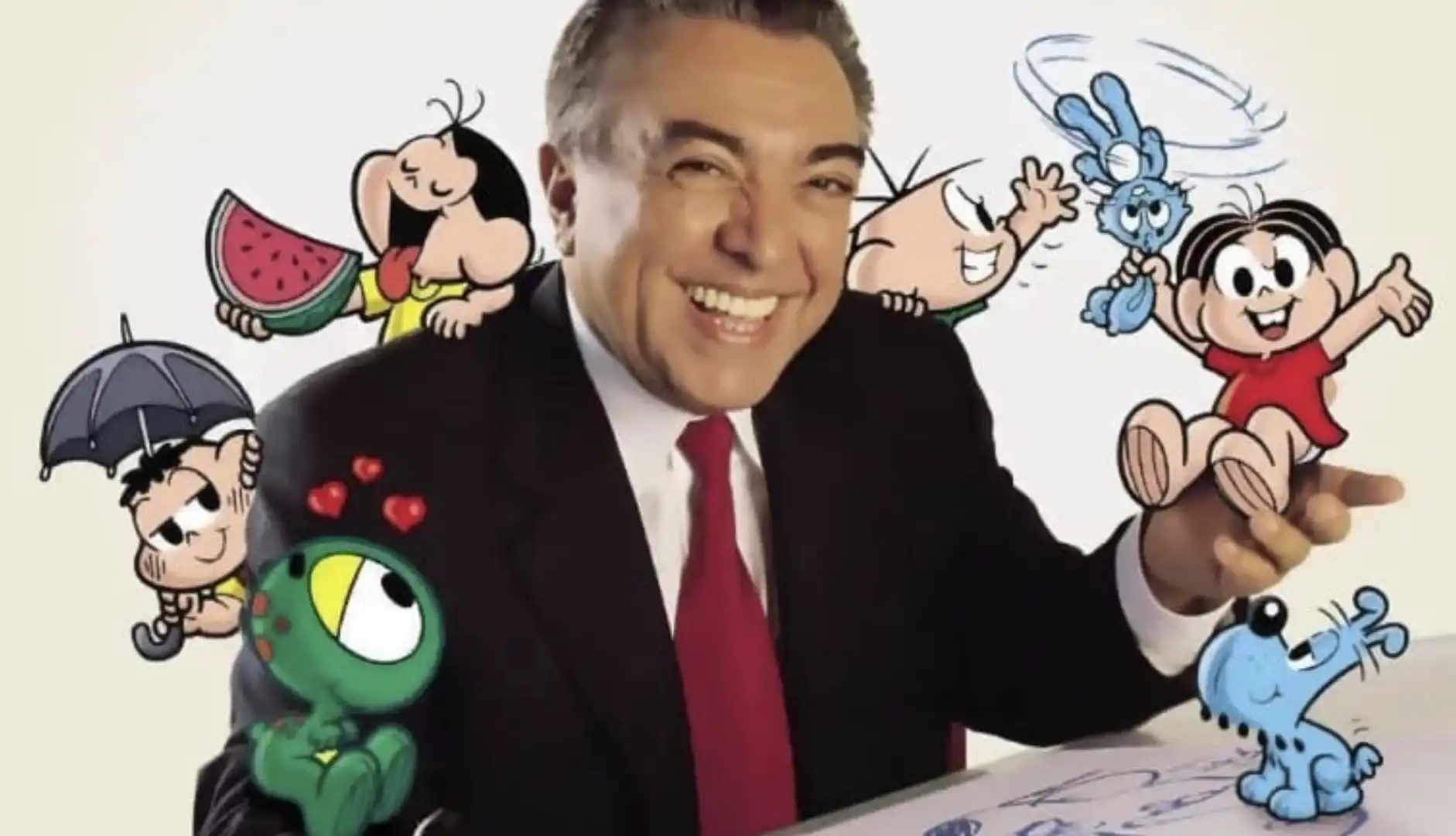 Mauricio de Souza com os personagens da Turma da Mônica