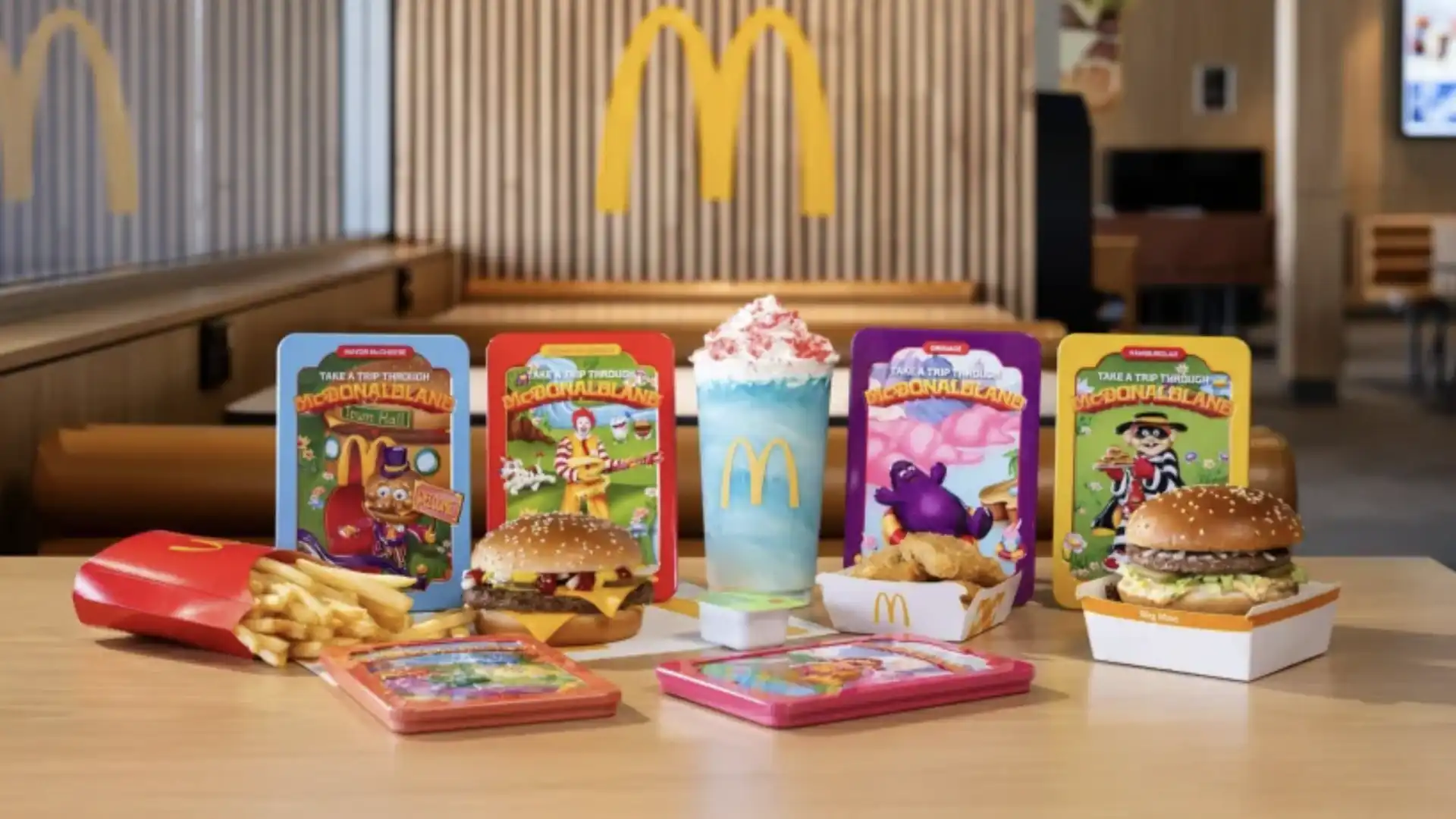 Uma mesa de madeira no McDonald's com vários produtos, incluindo quatro caixas de "McDonaldland", um McLanche Feliz, um copo de sorvete, uma caixa de McNuggets e um Big Mac.