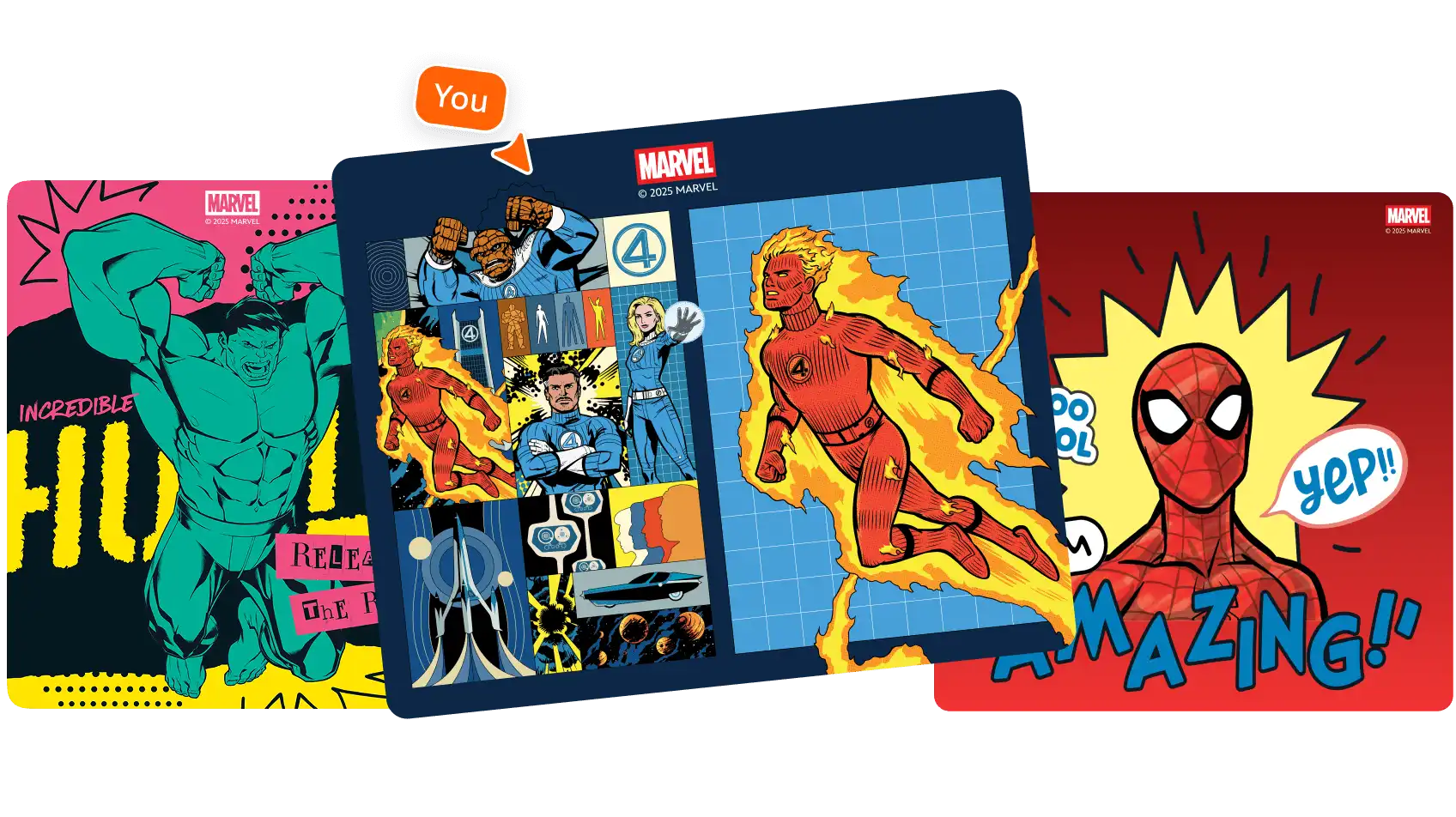 Três pôsteres estilizados de super-heróis da Marvel flutuando.