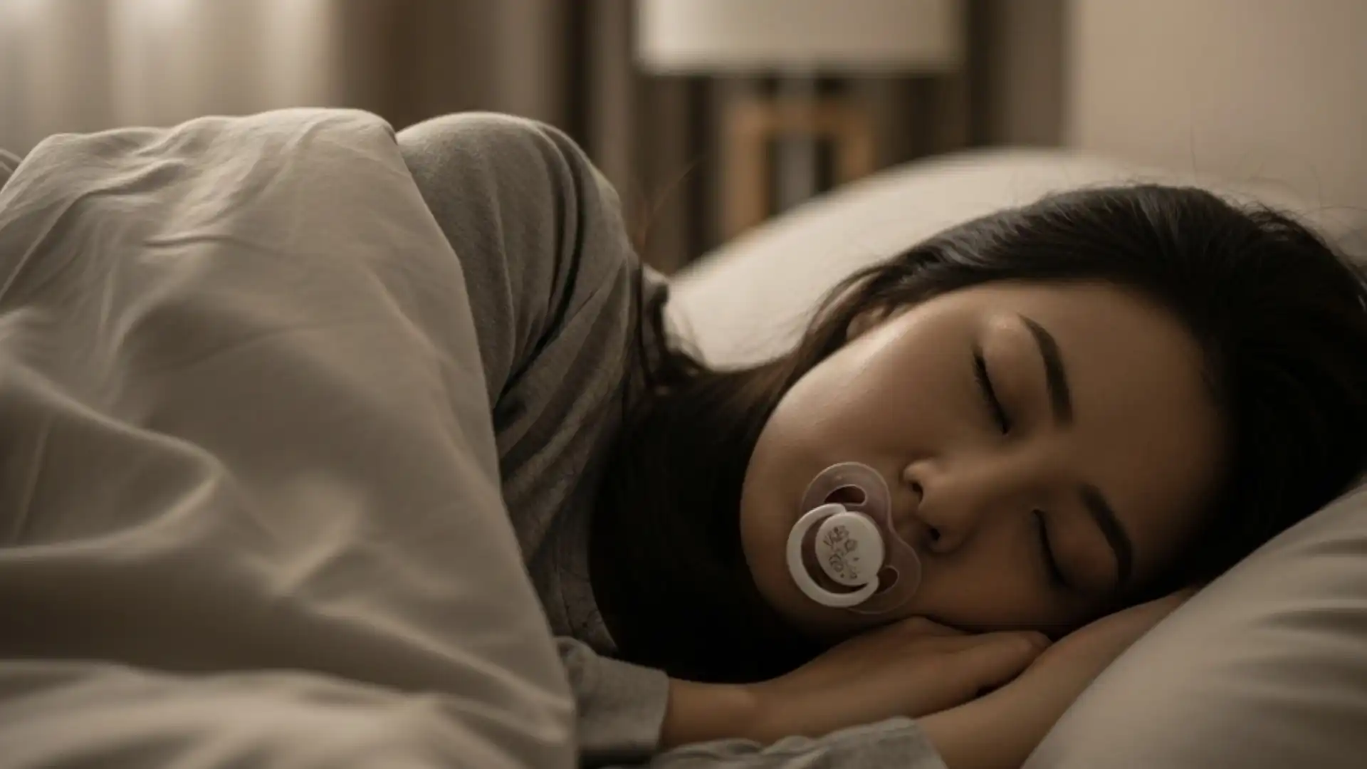 Mulher chinesa adulta dormindo na cama com uma chupeta na boca.