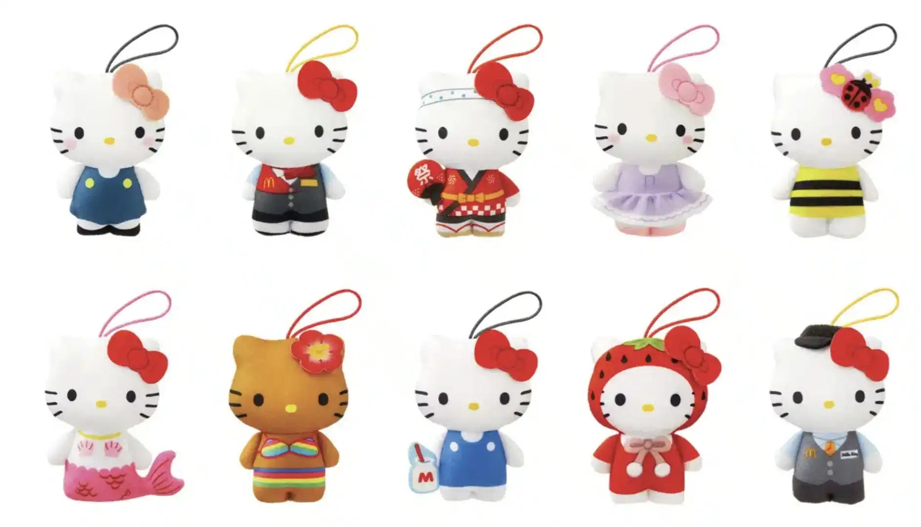 Uma coleção de dez bonecas Hello Kitty, cada uma em uma roupa e pose diferente.