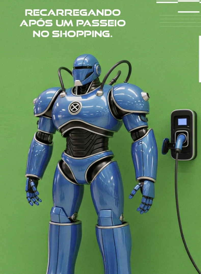 Robô azul recarregando em uma parede verde com a frase "RECARREGANDO APÓS UM PASSEIO NO SHOPPING".