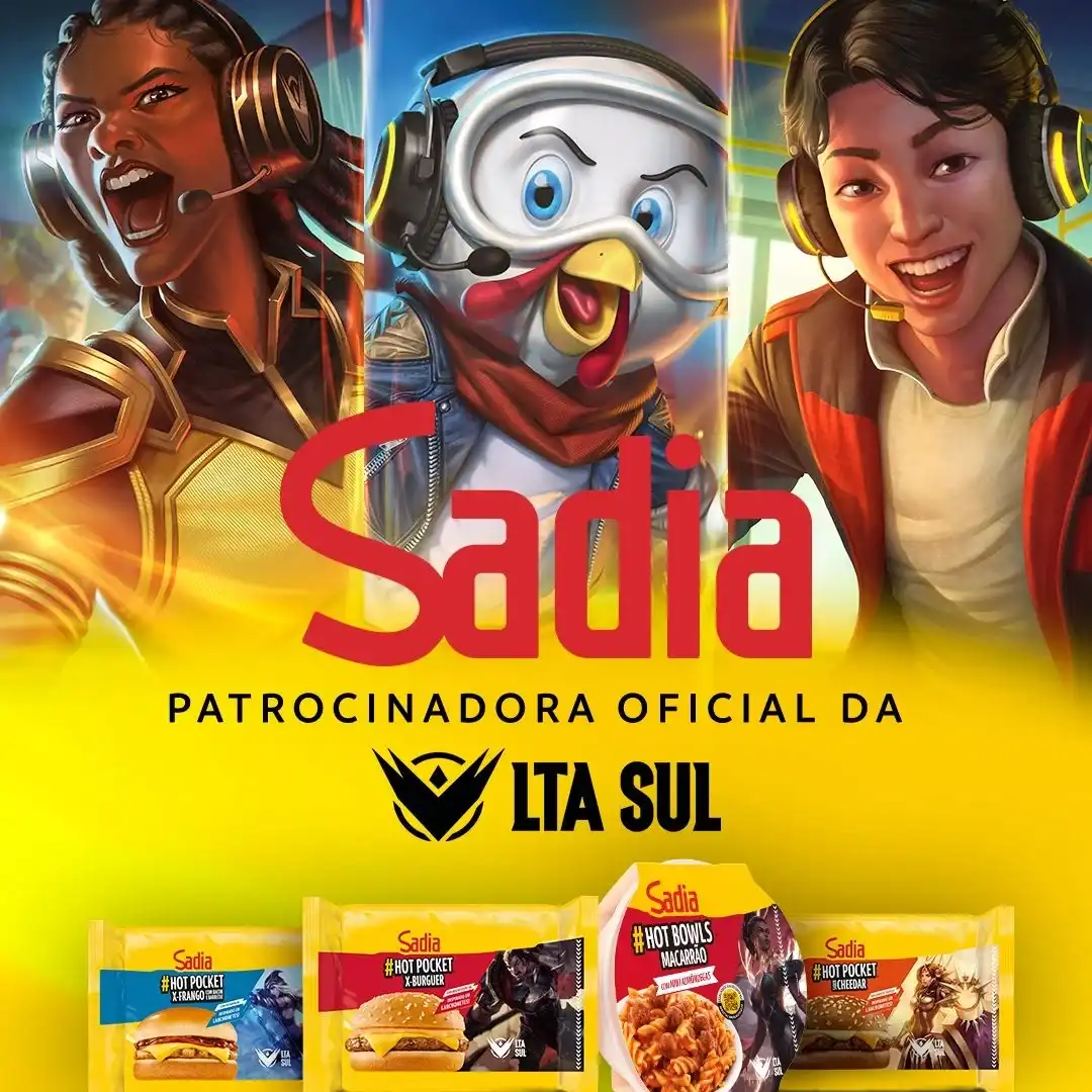 Logotipo da Sadia, patrocinadora oficial da LTA Sul, em destaque acima de três personagens de videogame. Na parte inferior da imagem, são mostradas quatro embalagens de produtos Sadia Hot Pocket.