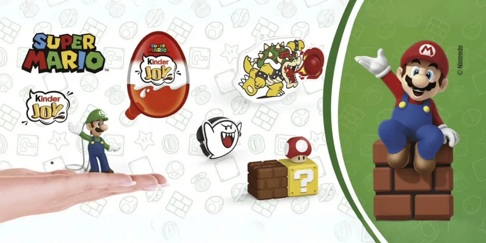 Vários brinquedos e adesivos da coleção Super Mario Kinder Joy, incluindo uma figura de Luigi, um Boo, um Bowser, um bloco de interrogação com cogumelo, um adesivo de ovo Kinder Joy e um boneco do Mario sentado em tijolos.