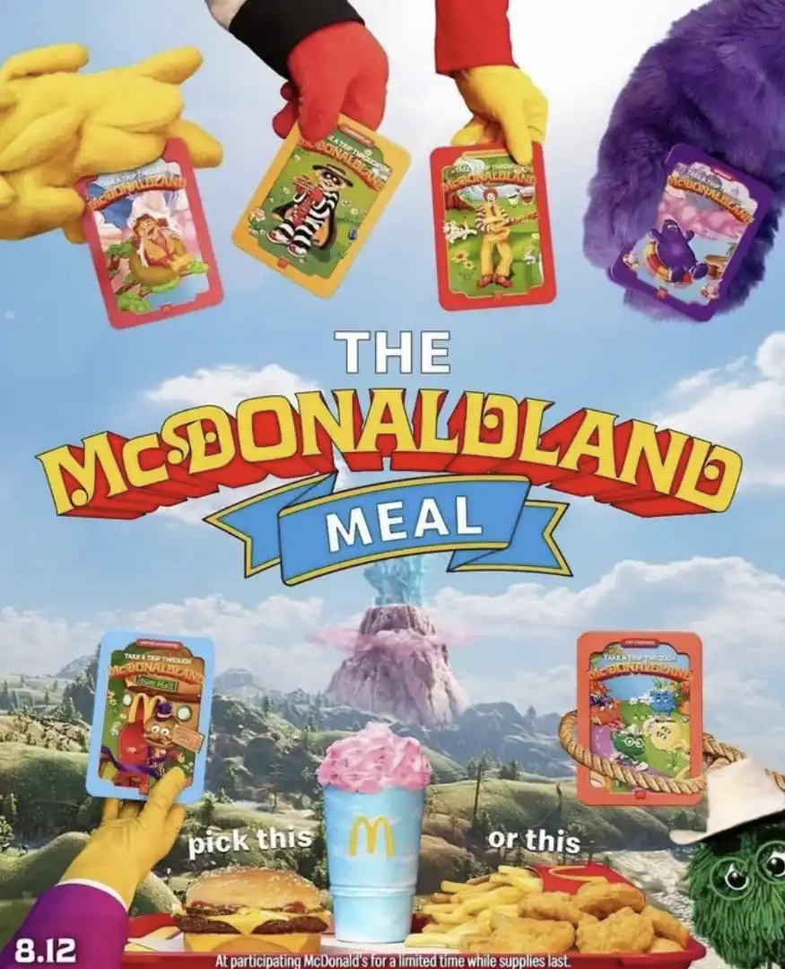 Pôster retrô do "The McDonaldland Meal" com cartas de tarô de personagens do McDonald's e caixas de refeição comemorativas.
