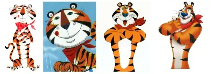 Quatro imagens lado a lado mostrando a evolução do personagem mascote Tony, o Tigre, dos cereais Kellogg's Frosted Flakes (Conhecido como Sucrilhos no Brasil).
