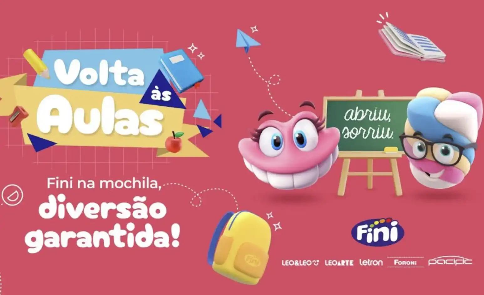 Cartaz publicitário da Fini para a volta às aulas com personagens animados, mochila, livros e a frase "Fini na mochila, diversão garantida!".
