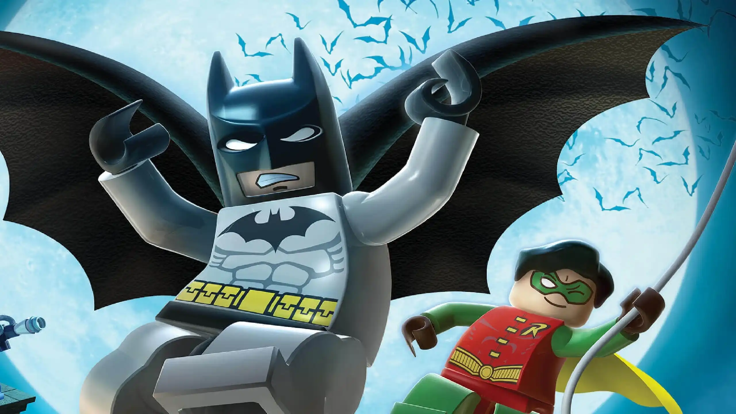 Imagem de banner de Lego Batman com o Batman voando e o Robin ao seu lado.