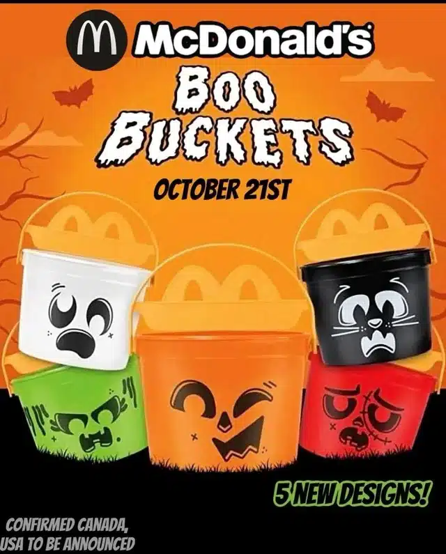 O que se vê na imagem é um grupo de baldes de plástico do McDonald's com o tema de Halloween.