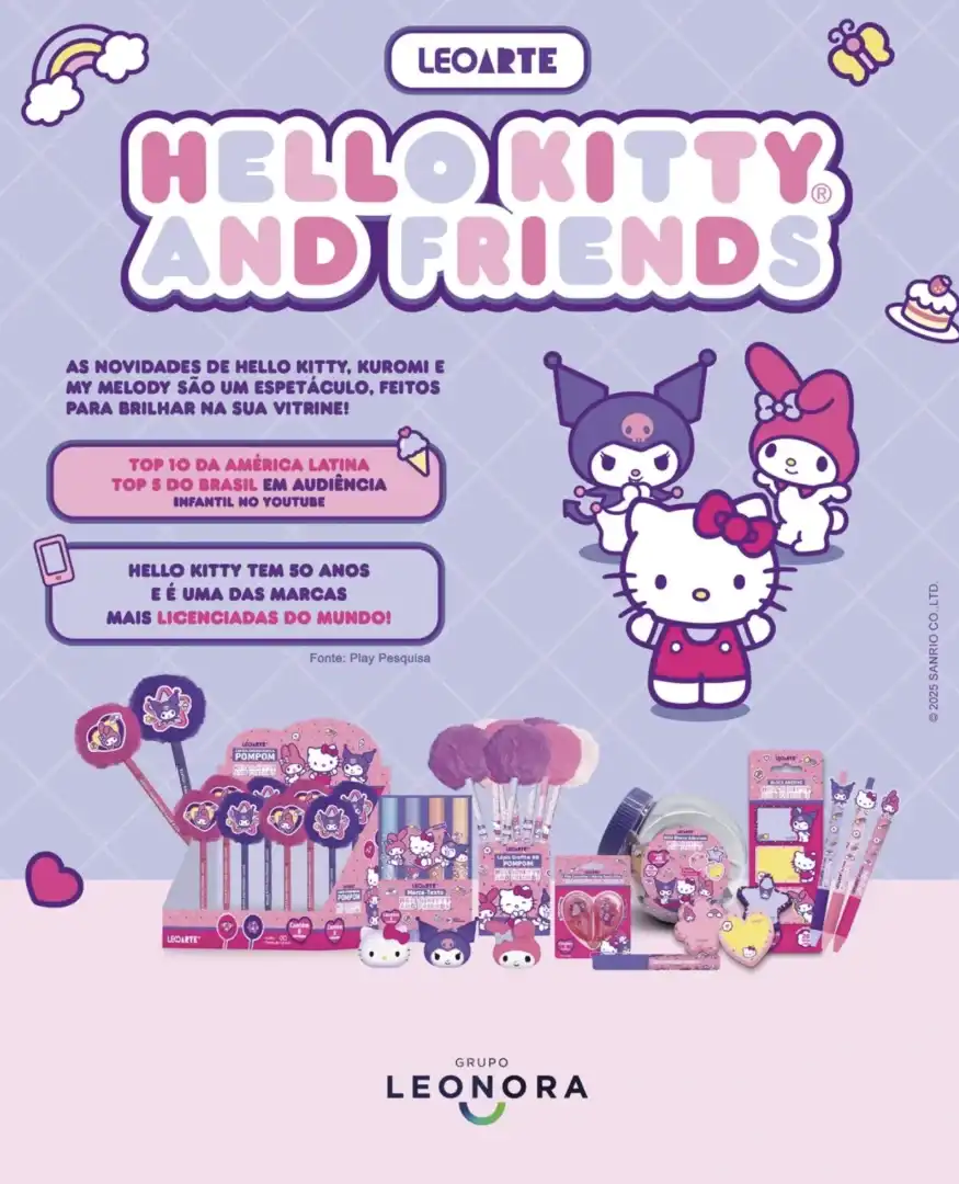 Um pôster promocional vertical da colaboração Hello Kitty and Friends com a marca Leoarte.