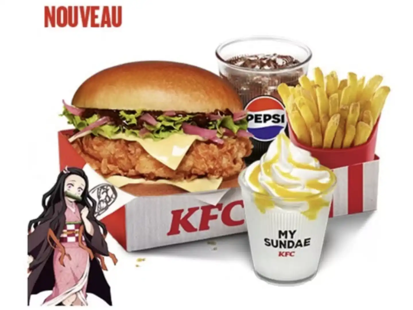 Combo de refeição do KFC com sanduíche, batata frita, bebida e sobremesa ao lado da personagem Nezuko do anime Demon Slayer.