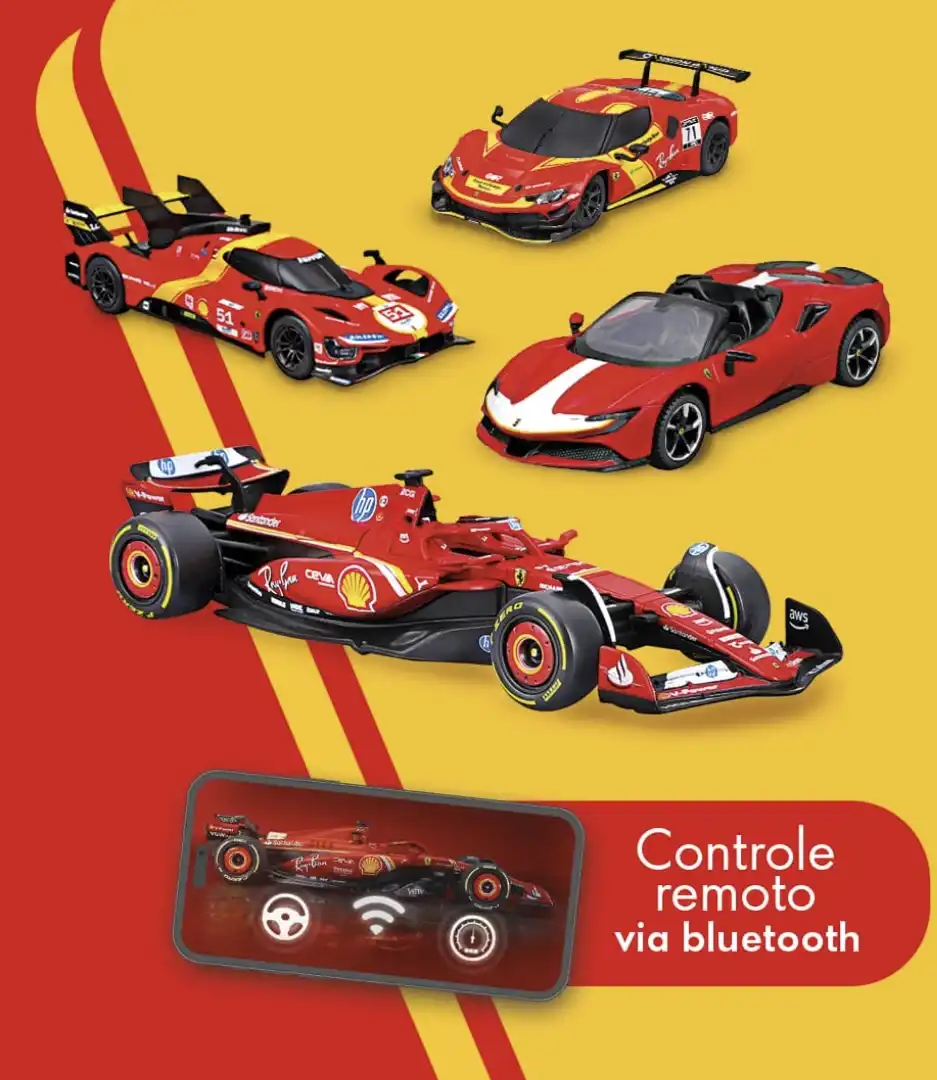 Promoção da Shell e Ferrari, mostrando quatro carros de brinquedo da coleção "Lendas colecionáveis" em um fundo amarelo e vermelho.