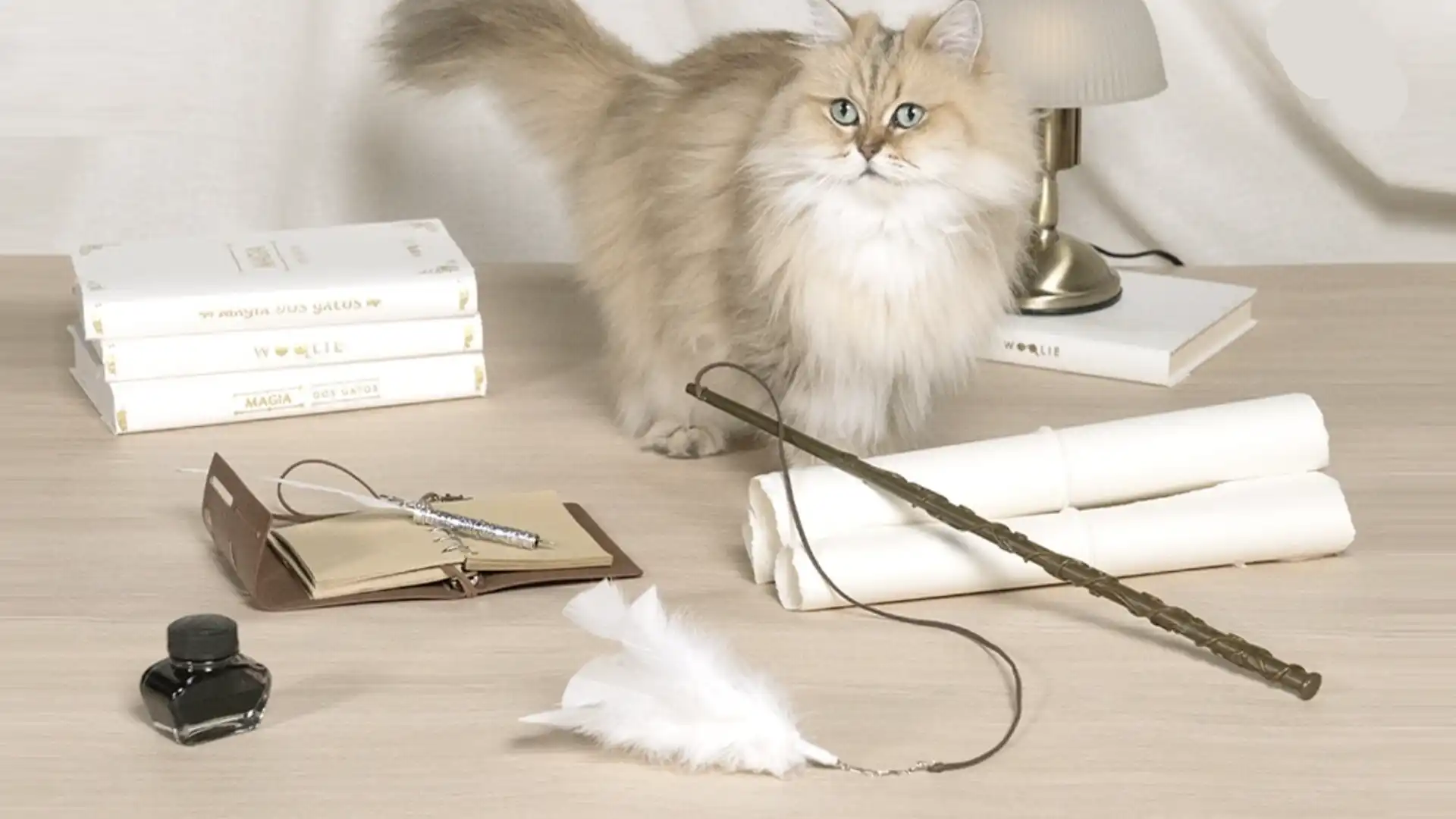 Gato de pelo bege e branco em uma mesa com brinquedos de Harry Potter, incluindo uma varinha, um pote de tinta e livros.