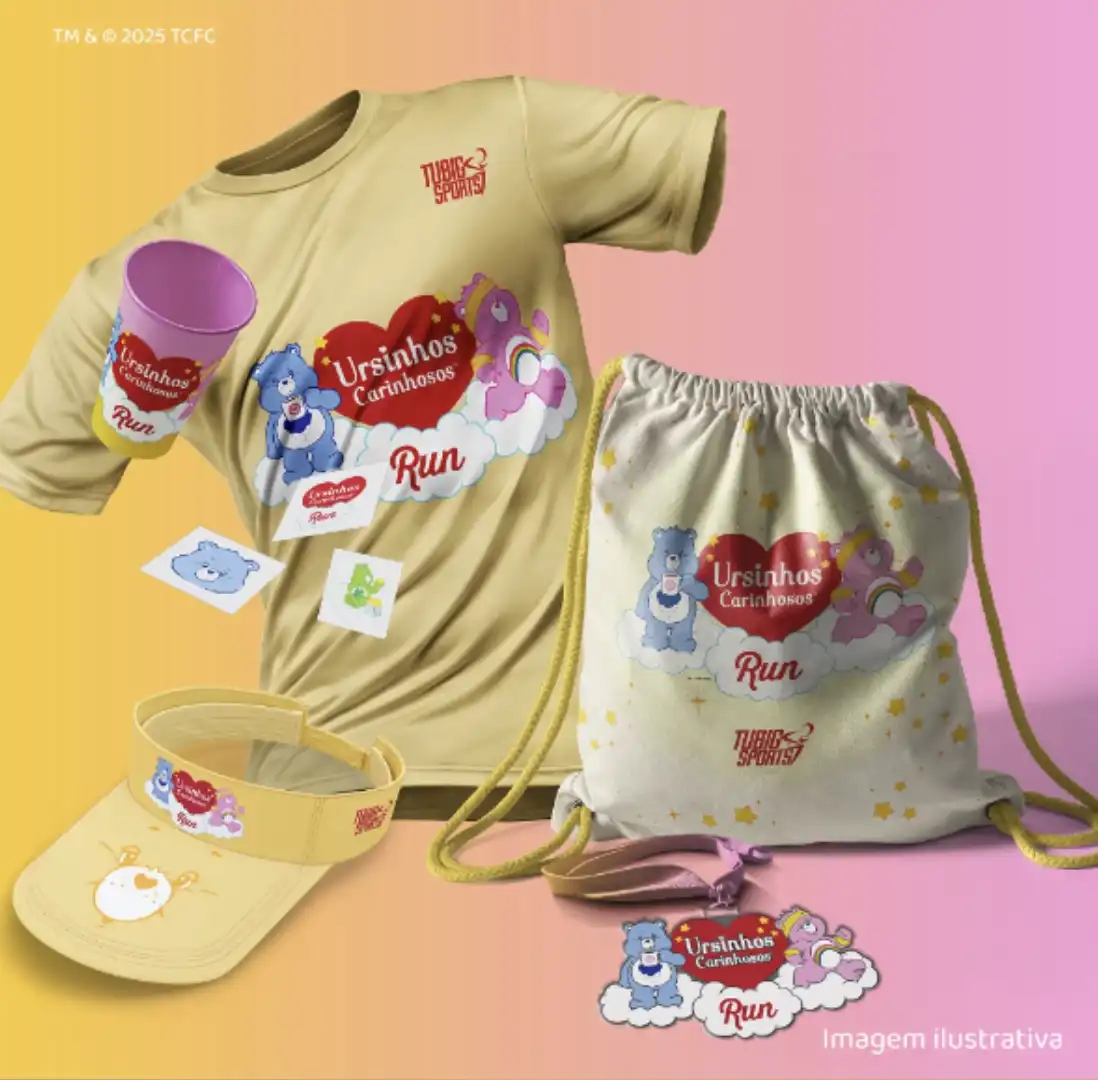 O banner da "Ursinhos Carinhosos™ Run" mostra dois ursinhos, um azul com uma caneca e o outro rosa correndo, ambos em nuvens com um grande coração vermelho entre eles. O título do evento está em destaque.